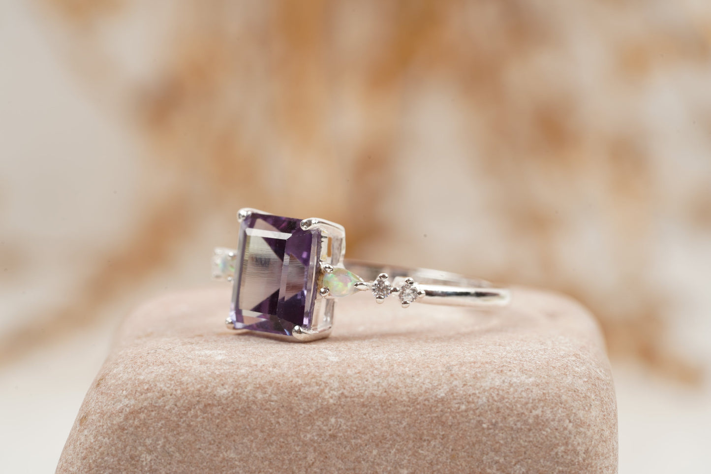 Emerald Cut Alexandrite And Fire Opal Engagement Ring