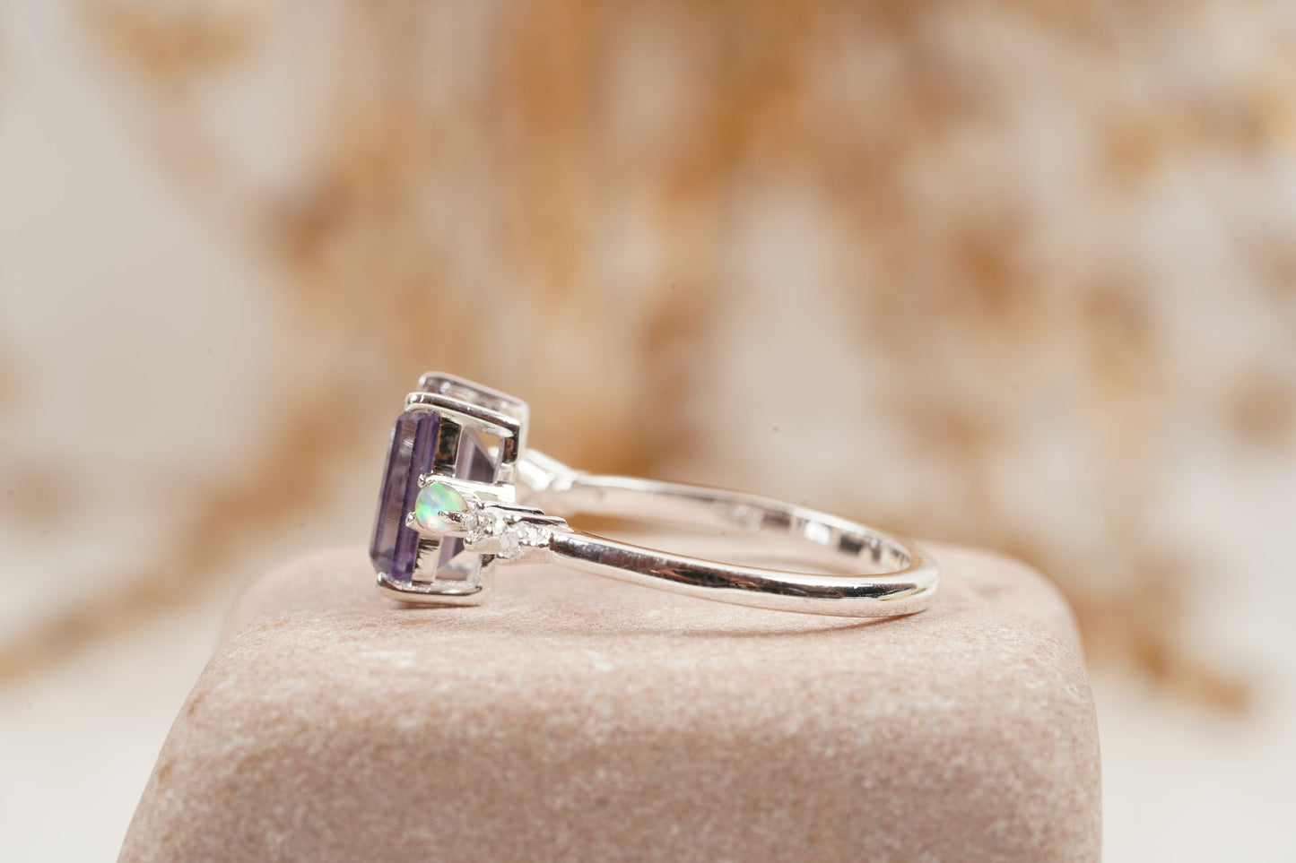 Emerald Cut Alexandrite And Fire Opal Engagement Ring