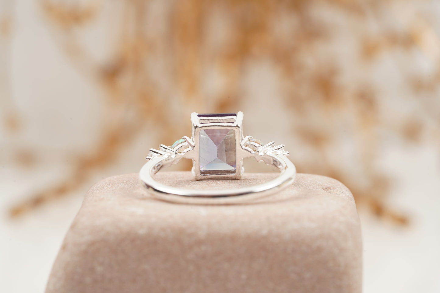 Emerald Cut Alexandrite And Fire Opal Engagement Ring
