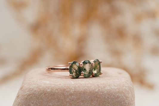 Oval Moss Agate Stacking Ring Three Stone Ring