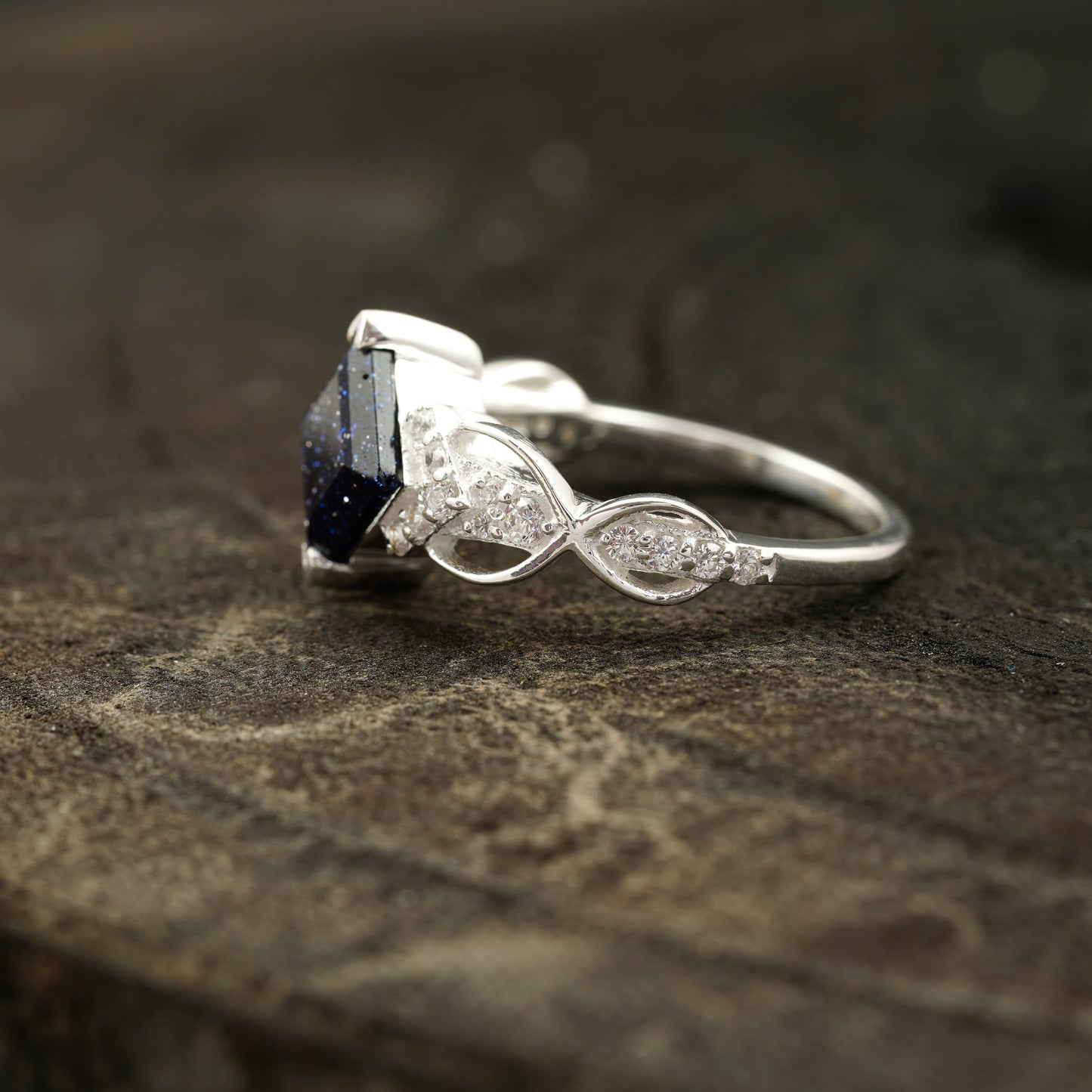 Princess Cut Blue Sandstone Engagement Ring Side Position