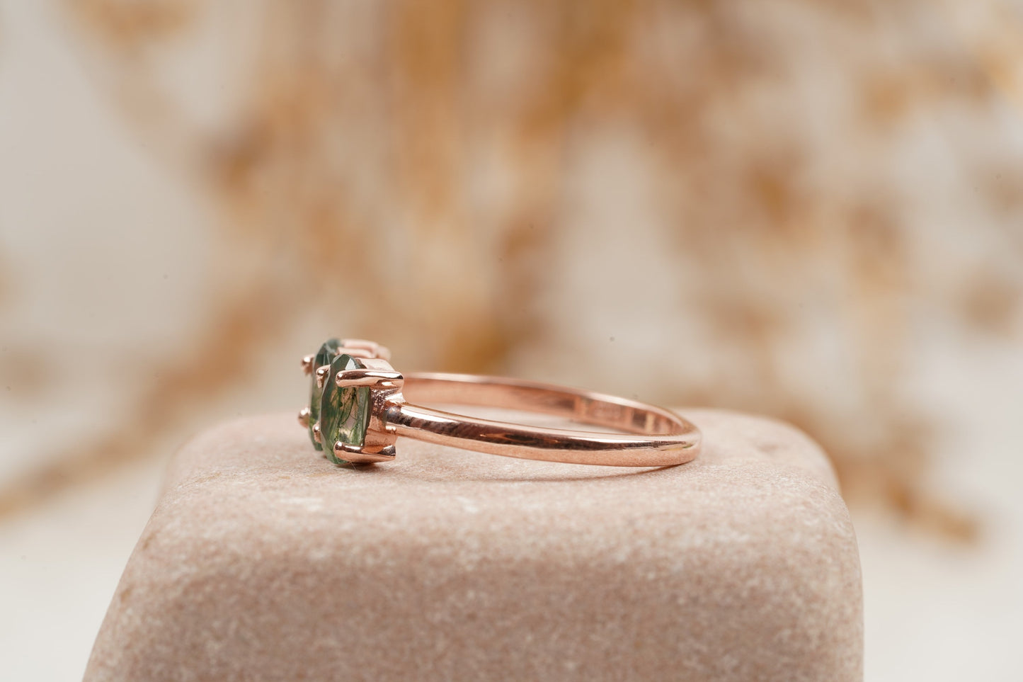 Oval Moss Agate Stacking Ring Three Stone Ring