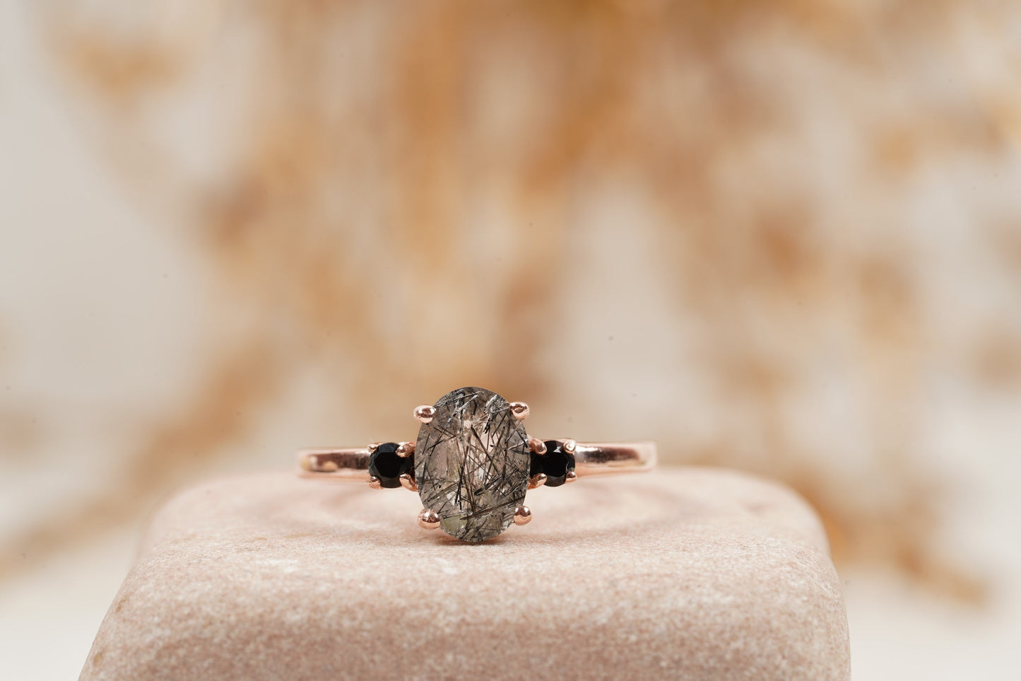 Oval Cut Black Rutile Quartz Rose Gold Engagement Ring