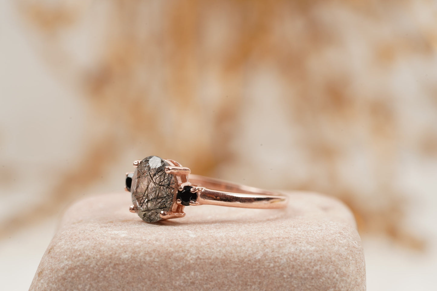 Oval Cut Black Rutile Quartz Engagement Ring 14K Rose Gold