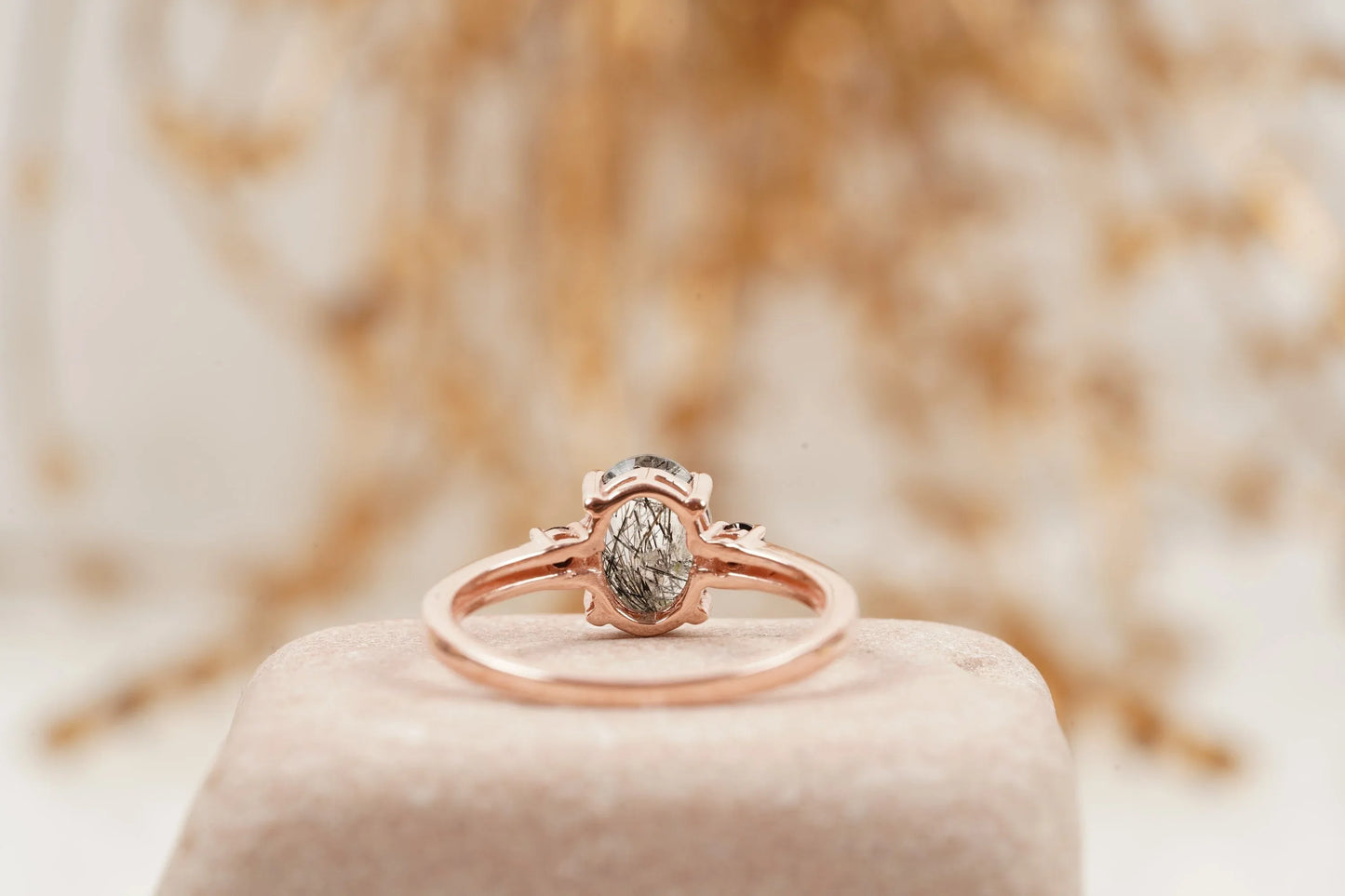 Oval Cut Black Rutile Quartz Engagement Ring 14K Rose Gold - Gigiscc