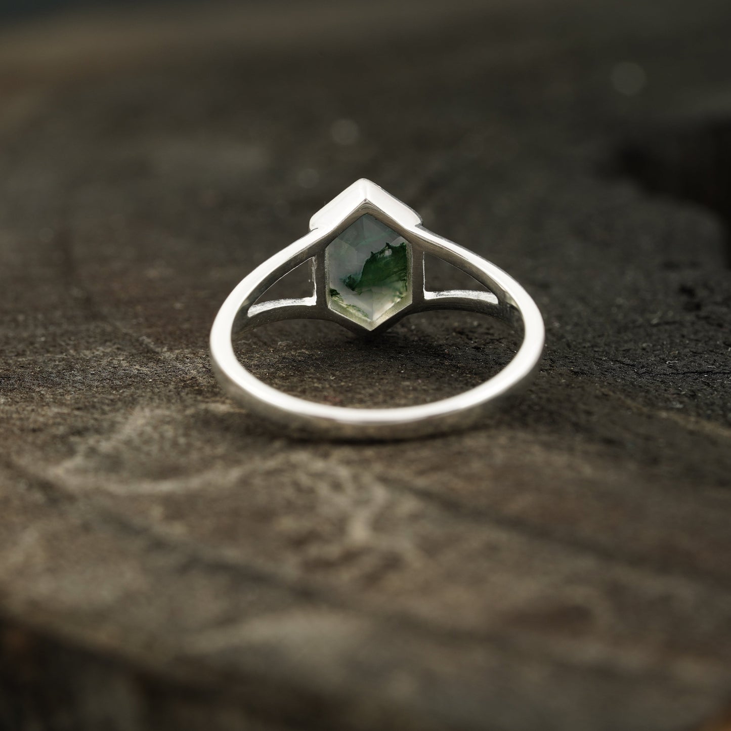 Vintage Bezel Setting Moss Agate Engagement Ring Back Angle
