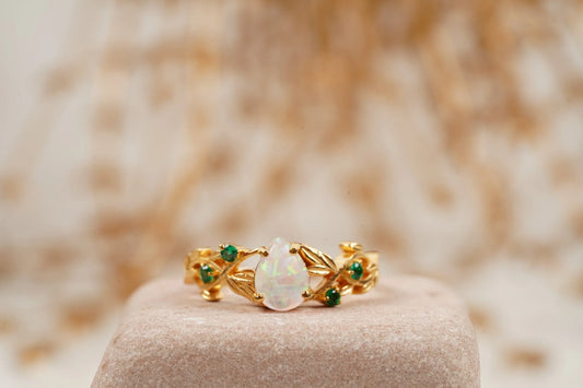 Nature Inspired Opal Engagement Ring Set With Leaf Emerald Band - Gigiscc