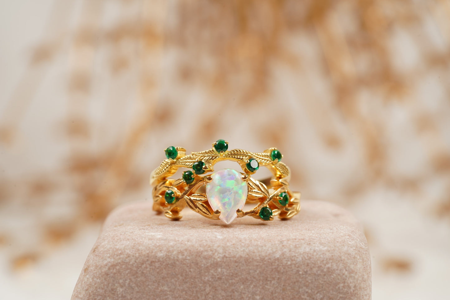 Nature Inspired Opal Engagement Ring Set With Leaf Emerald Band