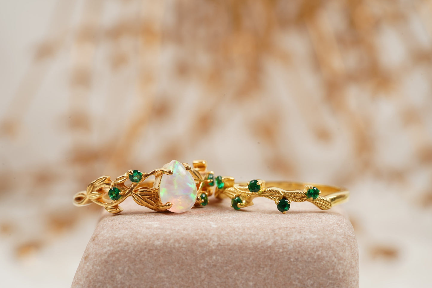 Nature Inspired Opal Engagement Ring Set With Leaf Emerald Band