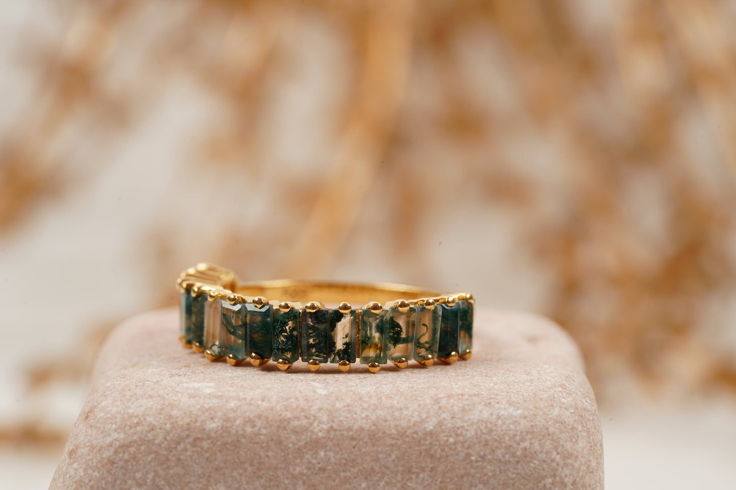 Baguette Cut Moss Agate Stone Wedding Band
