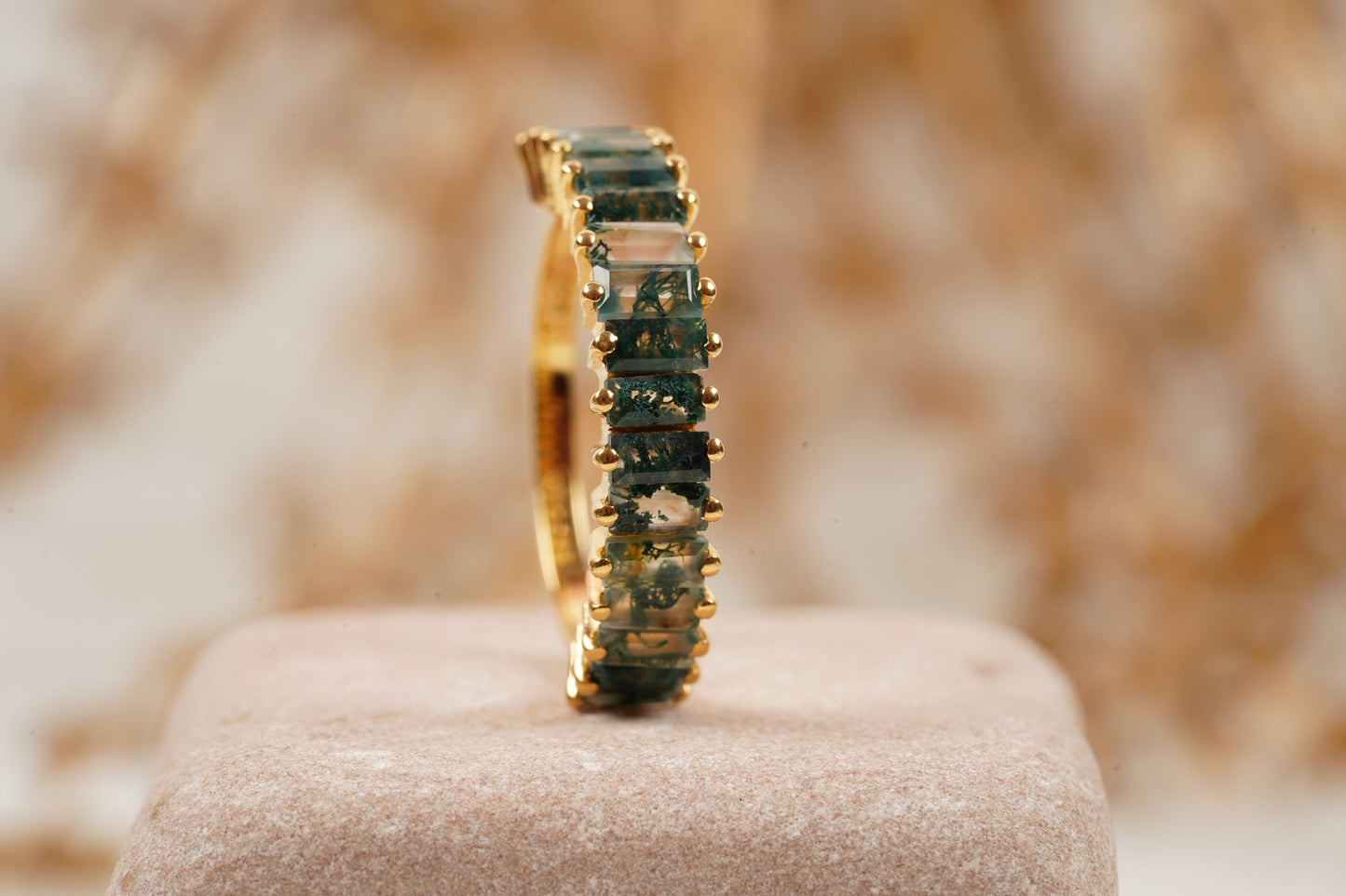Baguette Cut Moss Agate Stone Wedding Band