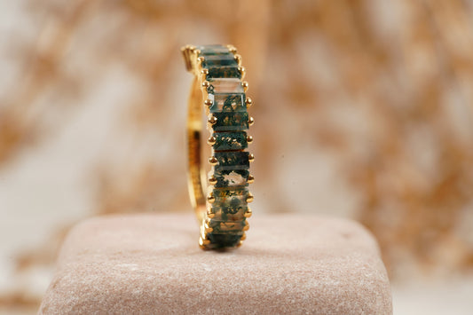Baguette Cut Moss Agate Stone Wedding Band