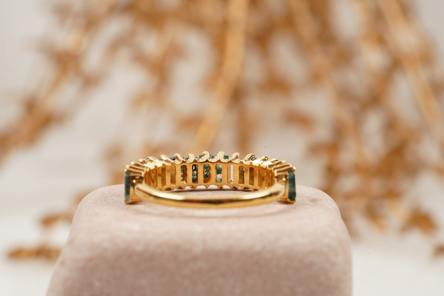Baguette Cut Moss Agate Stone Wedding Band