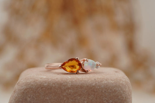 Pear Citrine Gemstone Three Stone Opal Cluster Wedding Ring - Gigiscc