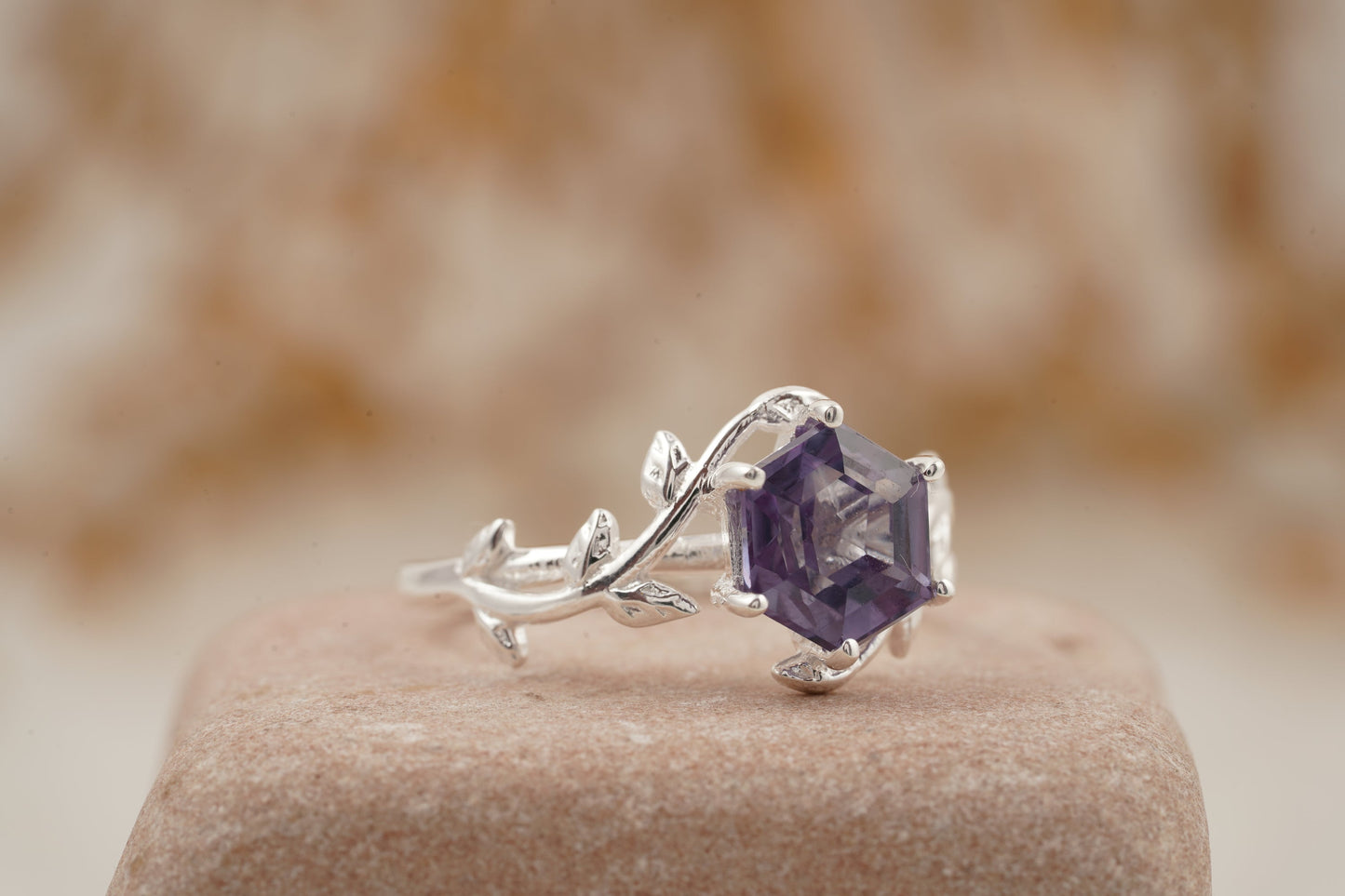 Hexagon Cut Alexandrite Nature Inspired Leaf Engagement Ring