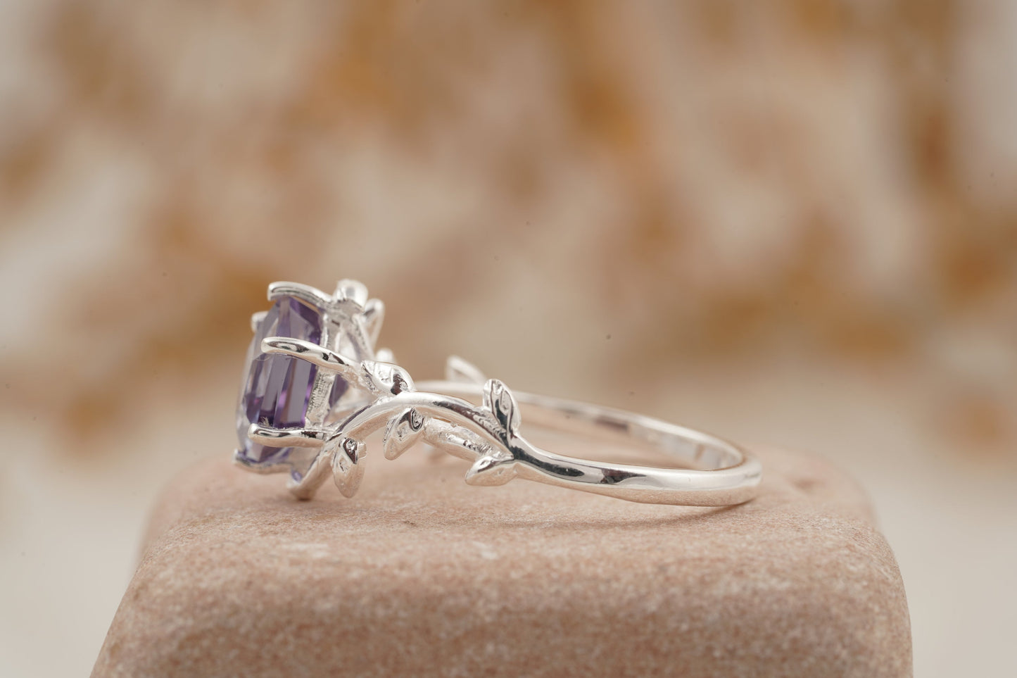 Hexagon Cut Alexandrite Nature Inspired Leaf Engagement Ring