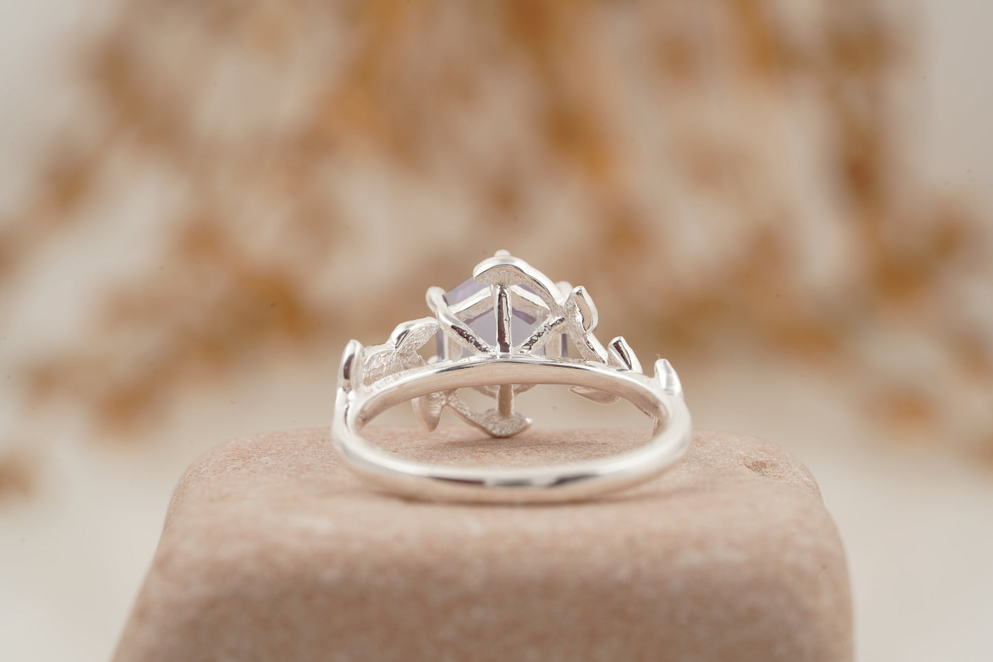 Hexagon Cut Alexandrite Nature Inspired Leaf Engagement Ring