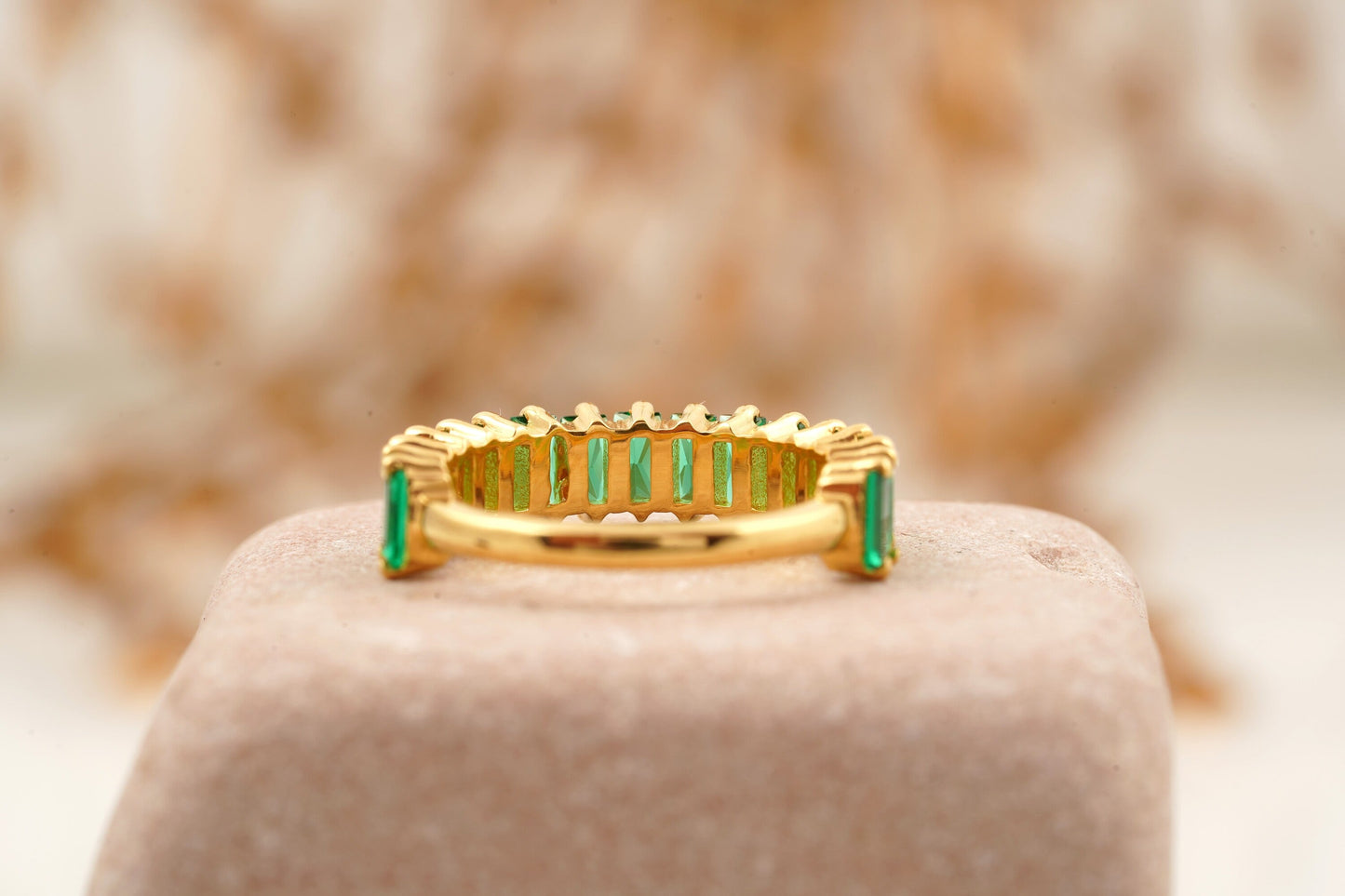 Baguette Cut Emerald Half Eternity Art Deco Wedding Band