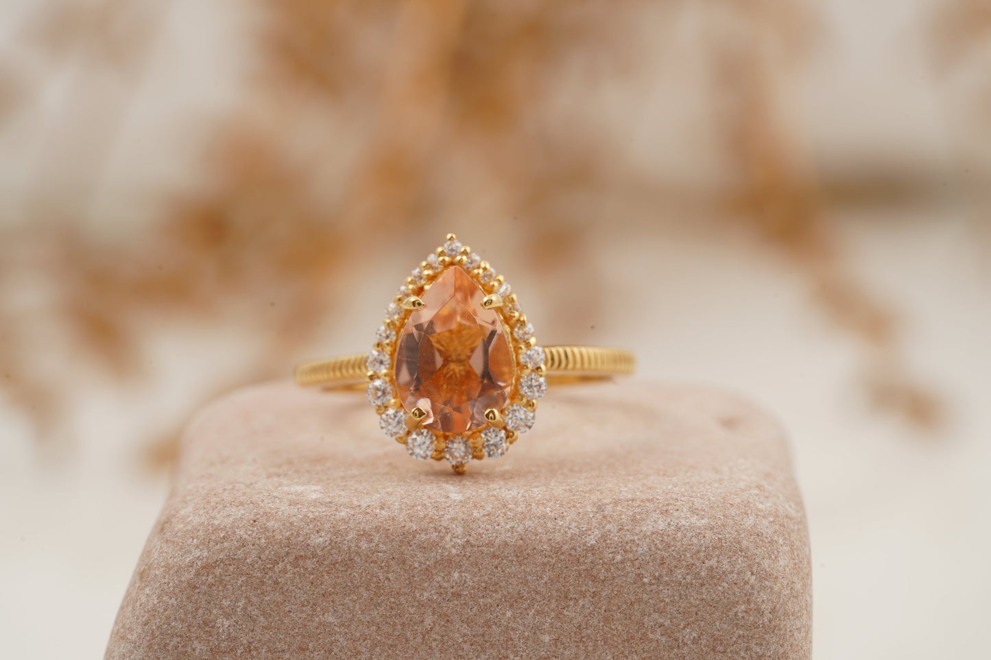 Pear Cut Morganite Halo Diamond Engagement Ring