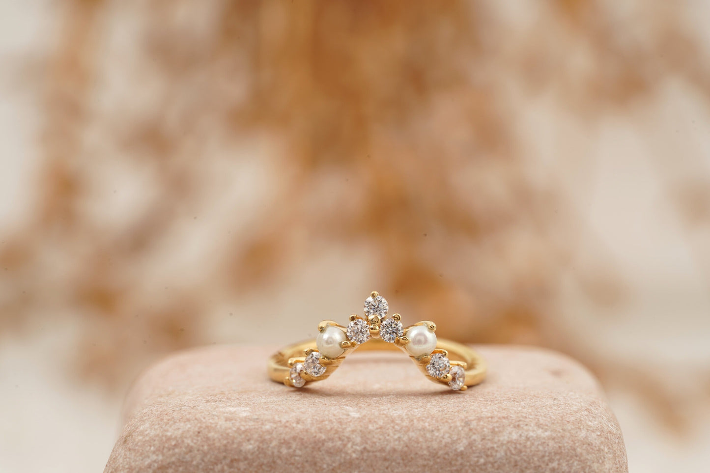 Curved Pearl Wedding Band Solid Gold Ring Pearl band ring
