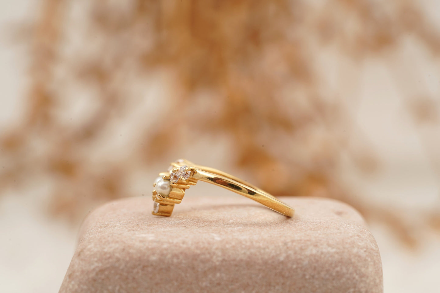 Curved Pearl Wedding Band Solid Gold Ring Pearl band ring