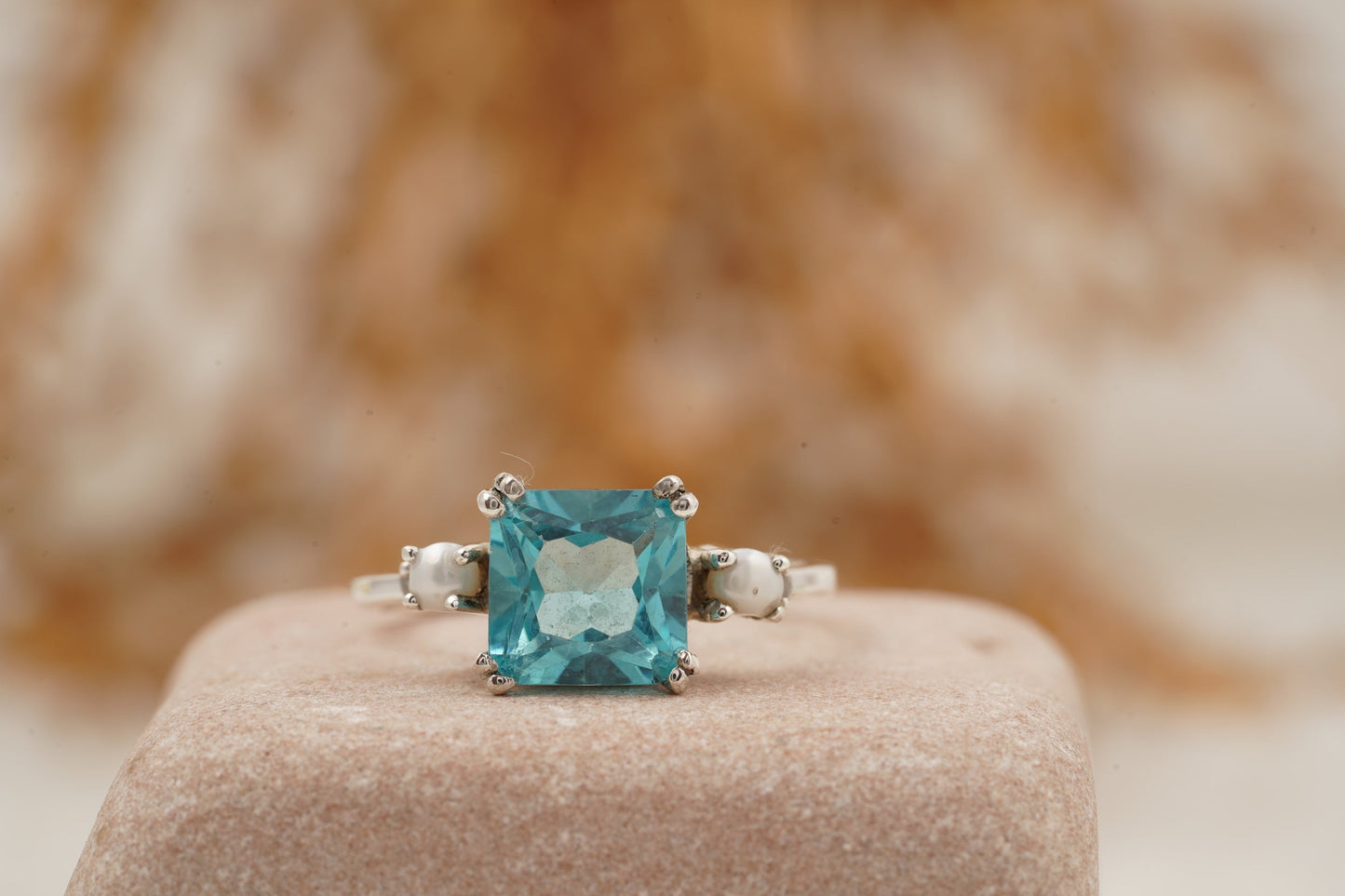 Elegant Cushion Cut Aquamarine and Pearl Engagement Ring