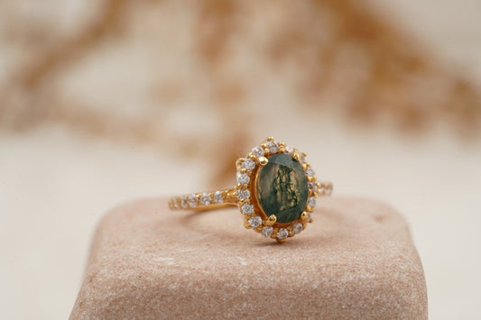 Oval Moss Agate Halo Diamond Engagement Ring 14K Yellow Gold