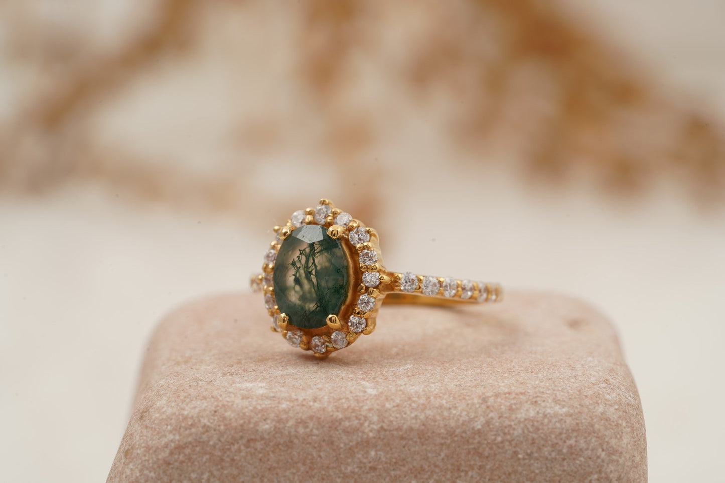 Oval Moss Agate Halo Diamond Engagement Ring 14K Yellow Gold