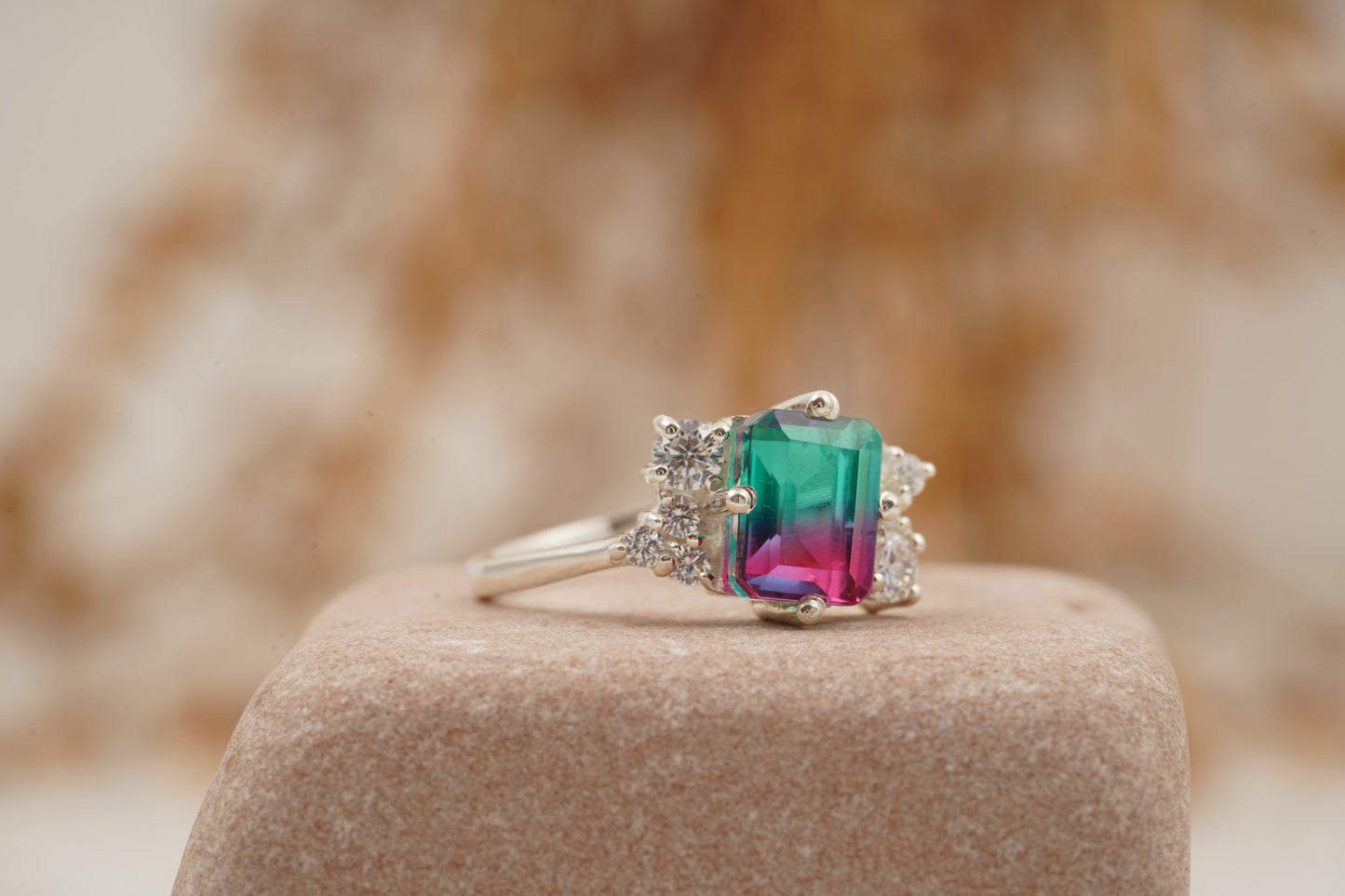 Watermelon Tourmaline 925 Sterling Silver Cluster Engagement Ring