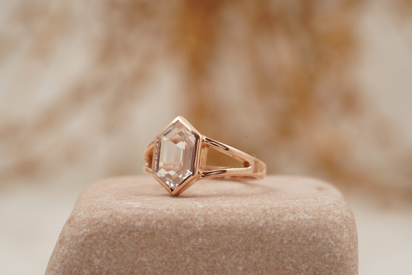 Hexagon Moissanite Bezel Set Engagement Ring Rose Gold