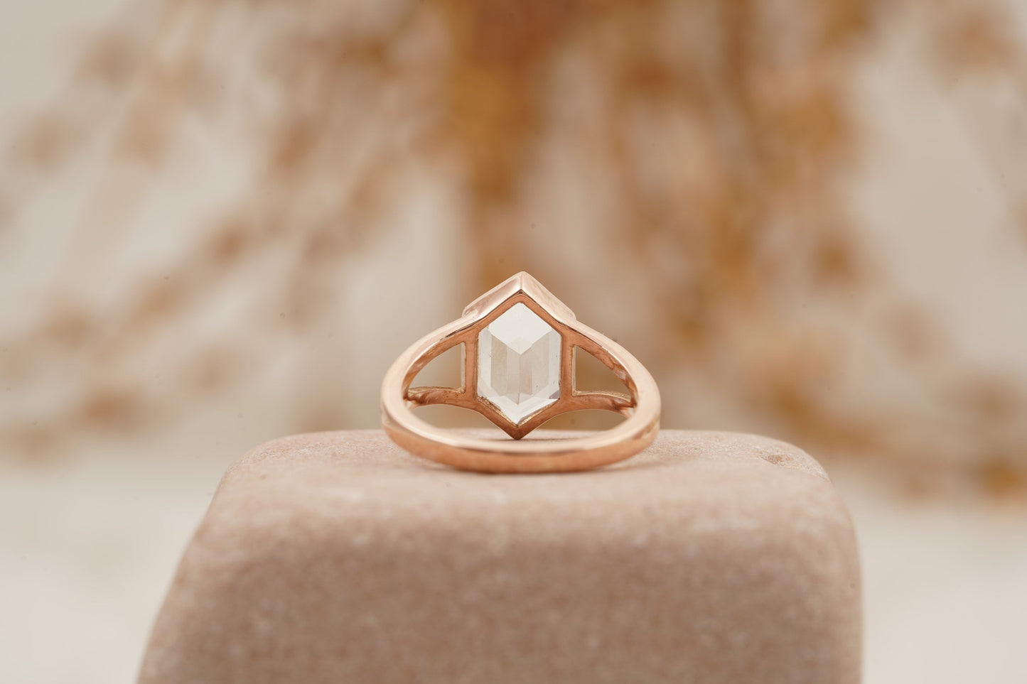 Hexagon Moissanite Bezel Set Engagement Ring Rose Gold