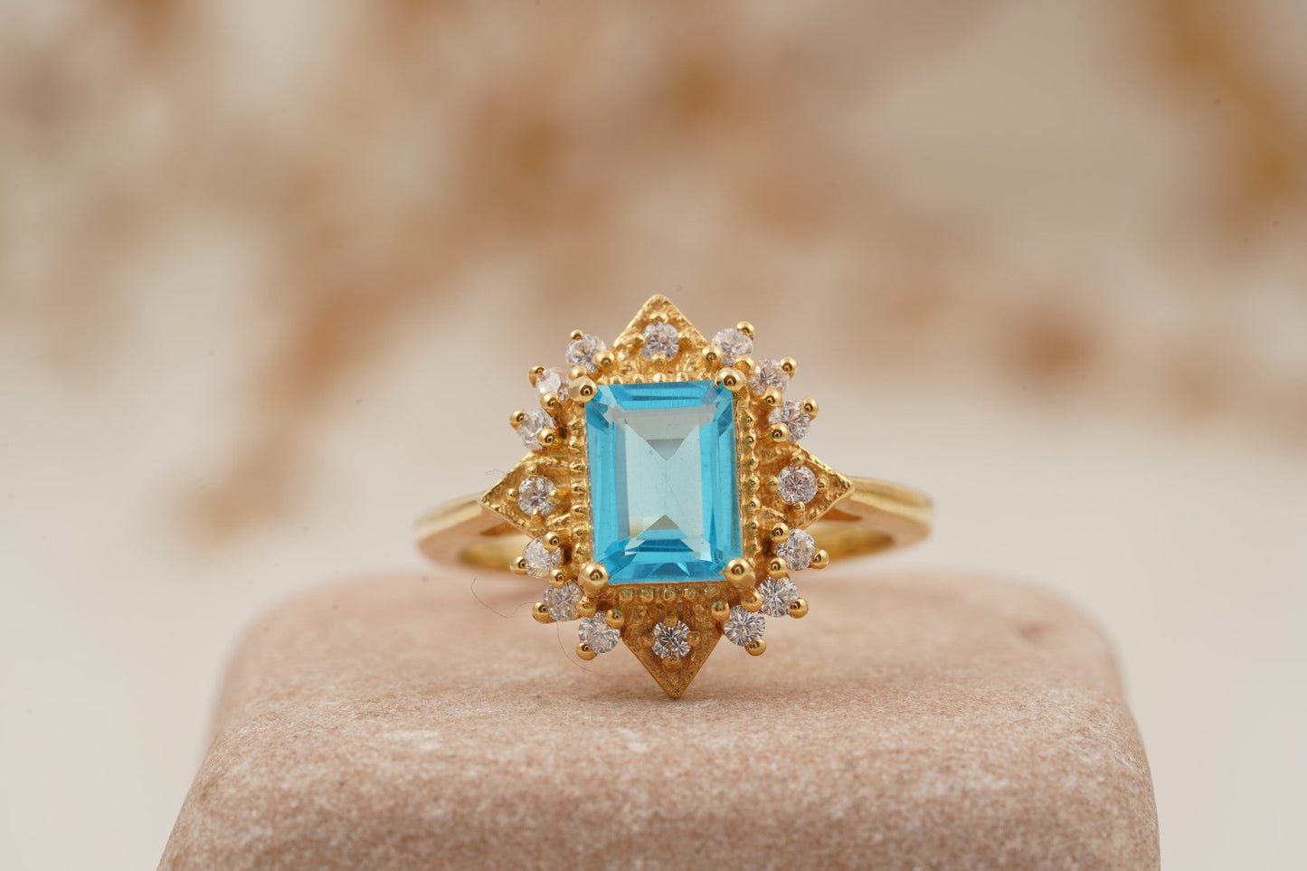 Vintage Aquamarine Cluster Engagement Ring in 14K Gold