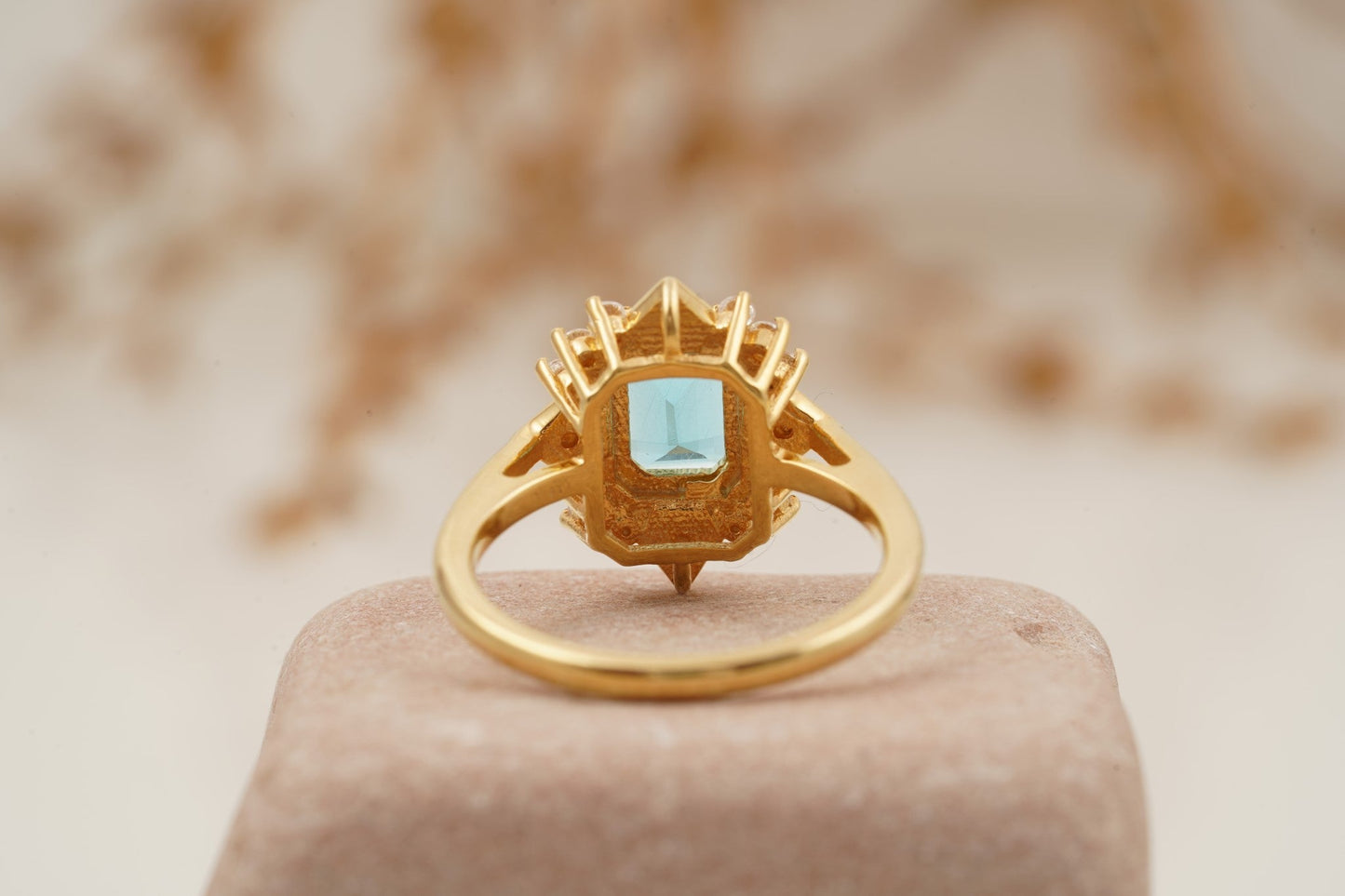 Vintage Cluster Unique Aquamarine Engagement Ring 14K Solid Gold