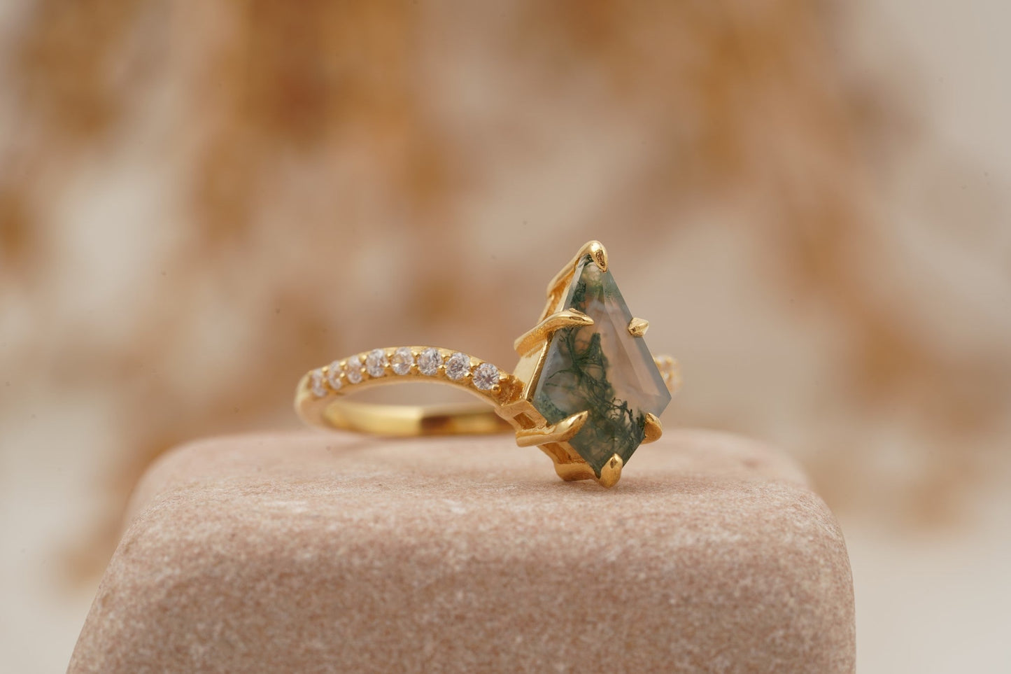Kite Moss Agate Halo Diamond Engagement Ring