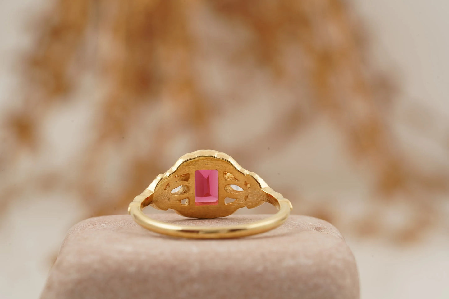 Emerald Cut Ruby Nature Inspired Leaf Gold Stacking Ring - Gigiscc