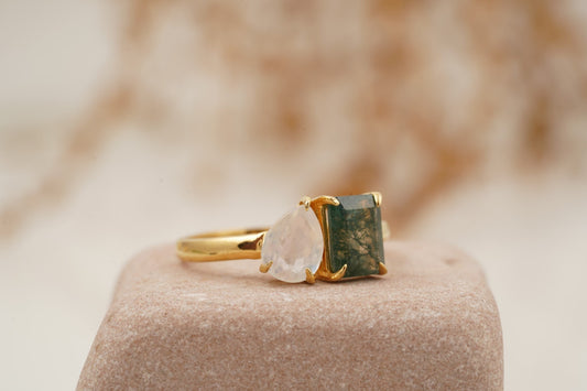 Double Stone Moss Agate And Moonstone Toi Et Moi Engagement Ring