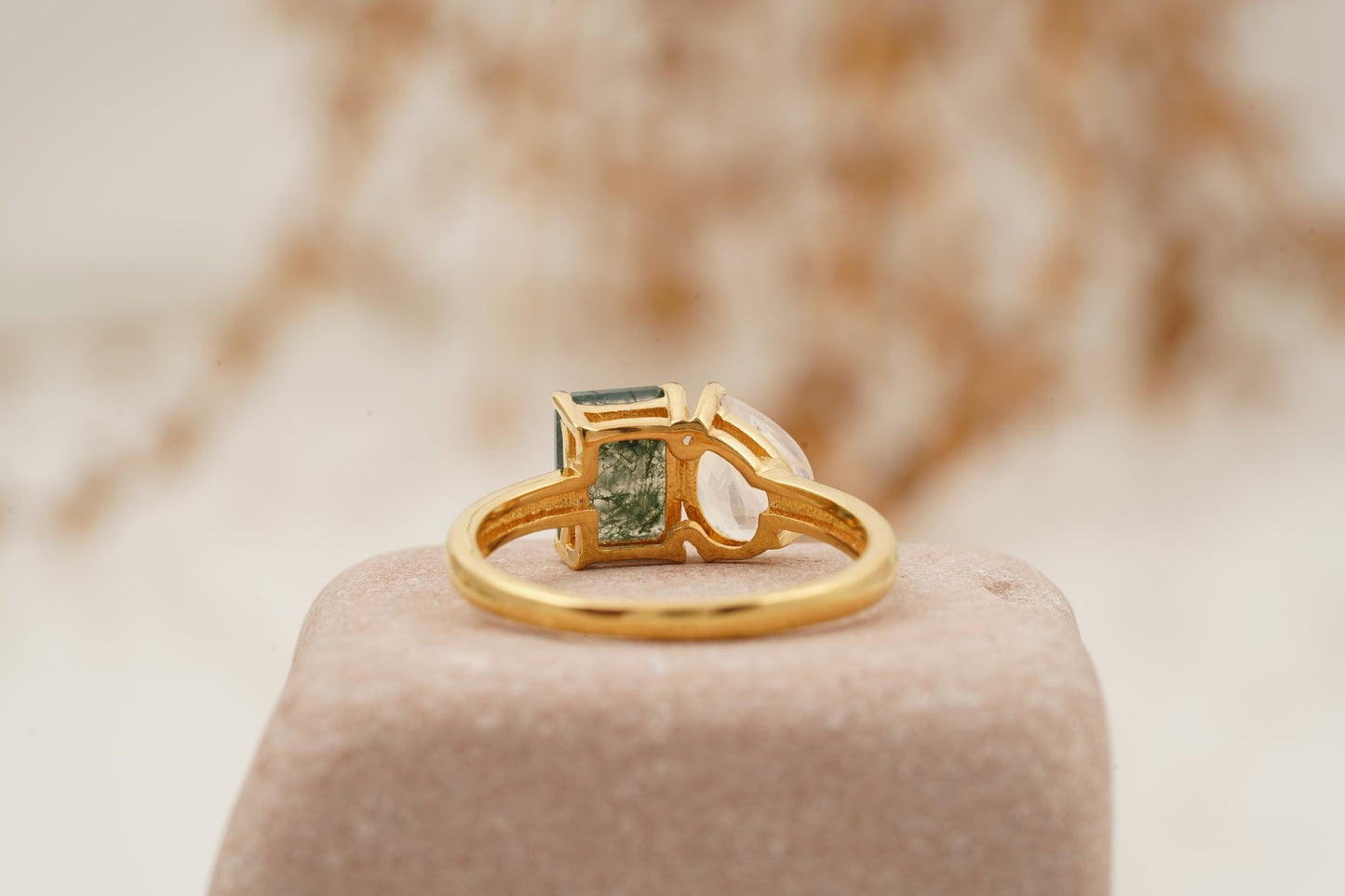 Double Stone Moss Agate And Moonstone Toi Et Moi Engagement Ring