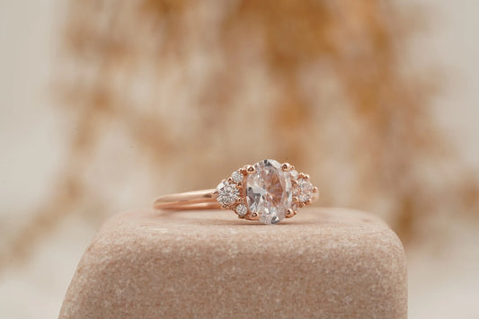 1.5ct Oval Cut Moissanite Cluster Rose Gold Engagement Ring - Gigiscc