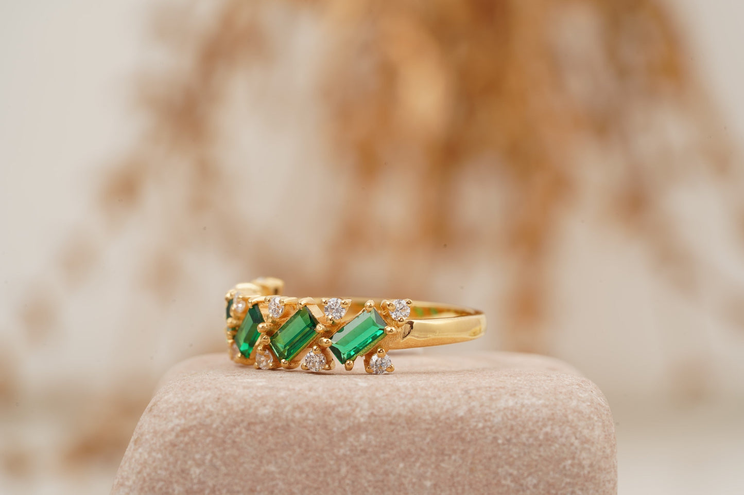 Baguette Cut Emerald Gemstone Stacking Matching Wedding Band