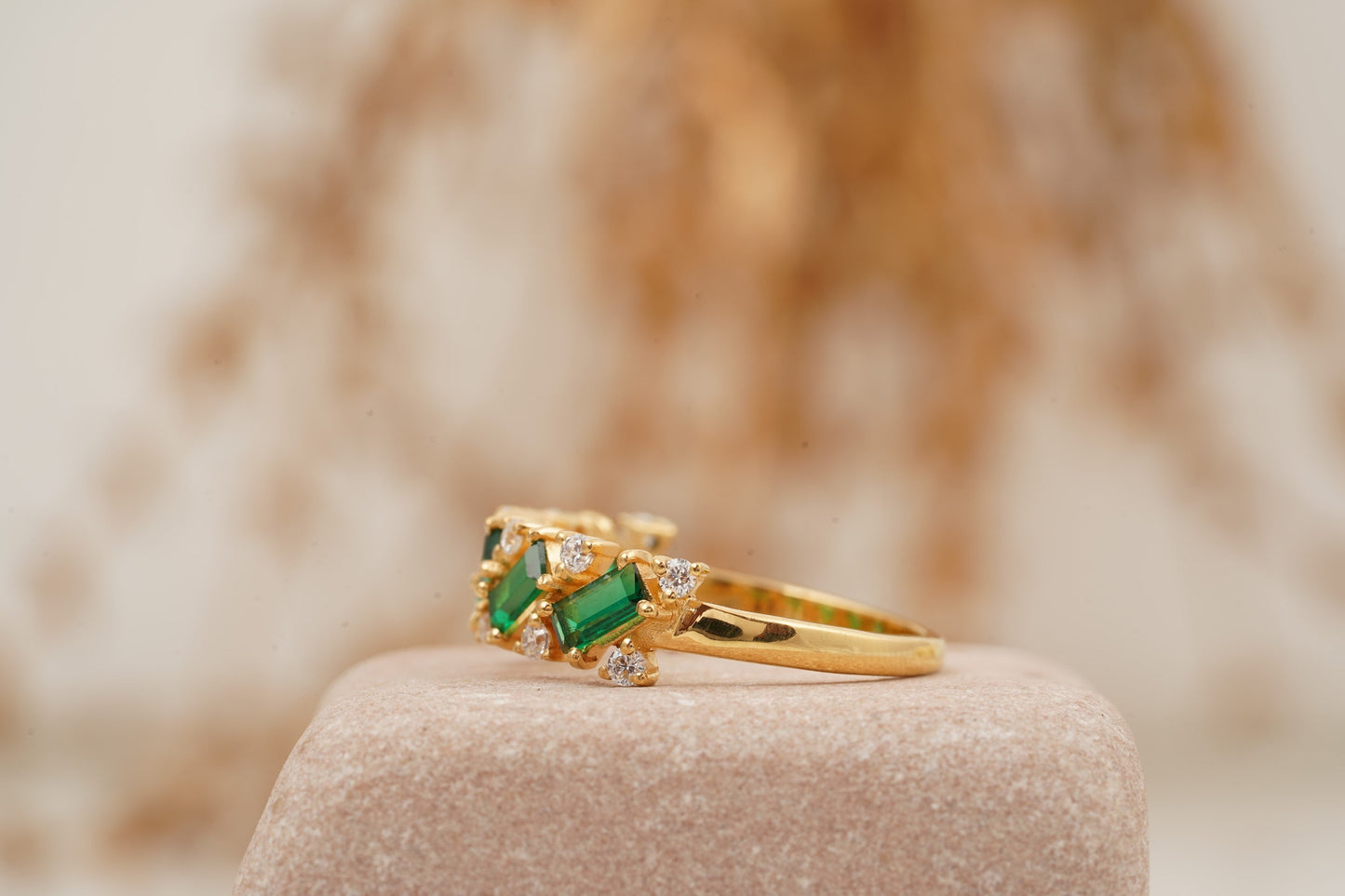 Baguette Cut Emerald Gemstone Stacking Matching Wedding Band