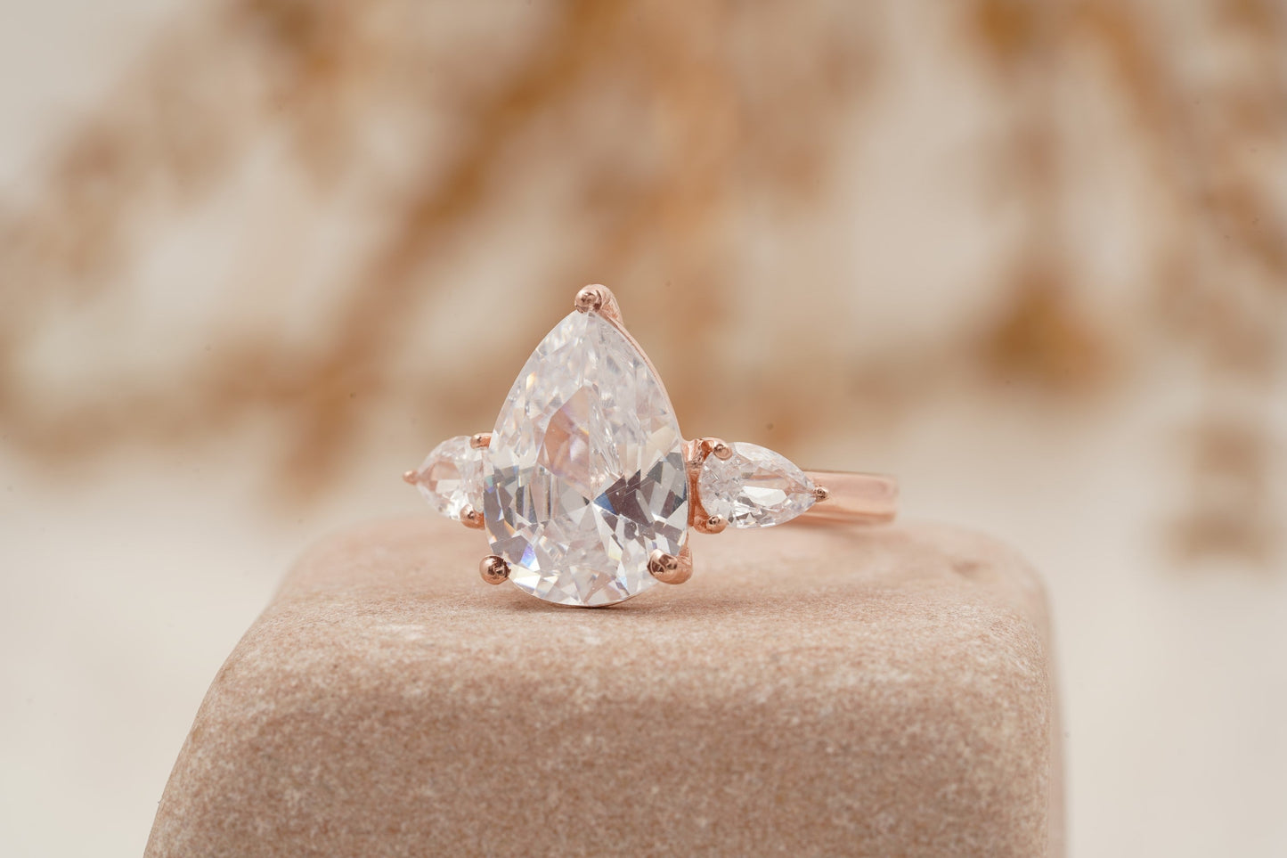 Pear Shaped Moissanite Engagement Ring Three Stone Ring
