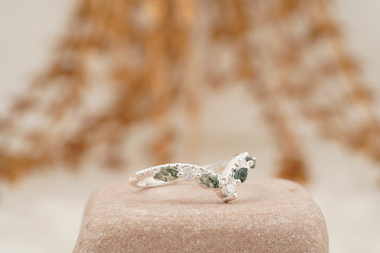 Marquise Moss Agate Wedding Band 925 Sterling Silver Ring