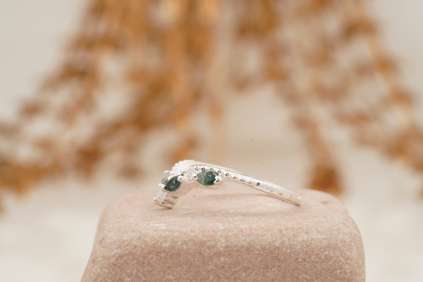 Marquise Moss Agate Wedding Band 925 Sterling Silver Ring