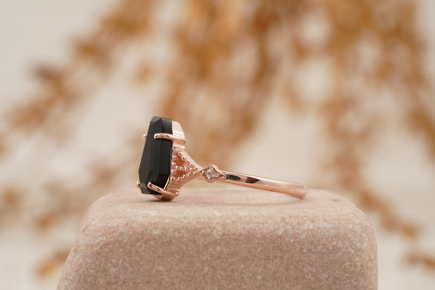 Coffin Shape Black Onyx Engagement Ring Gold Vermeil Ring