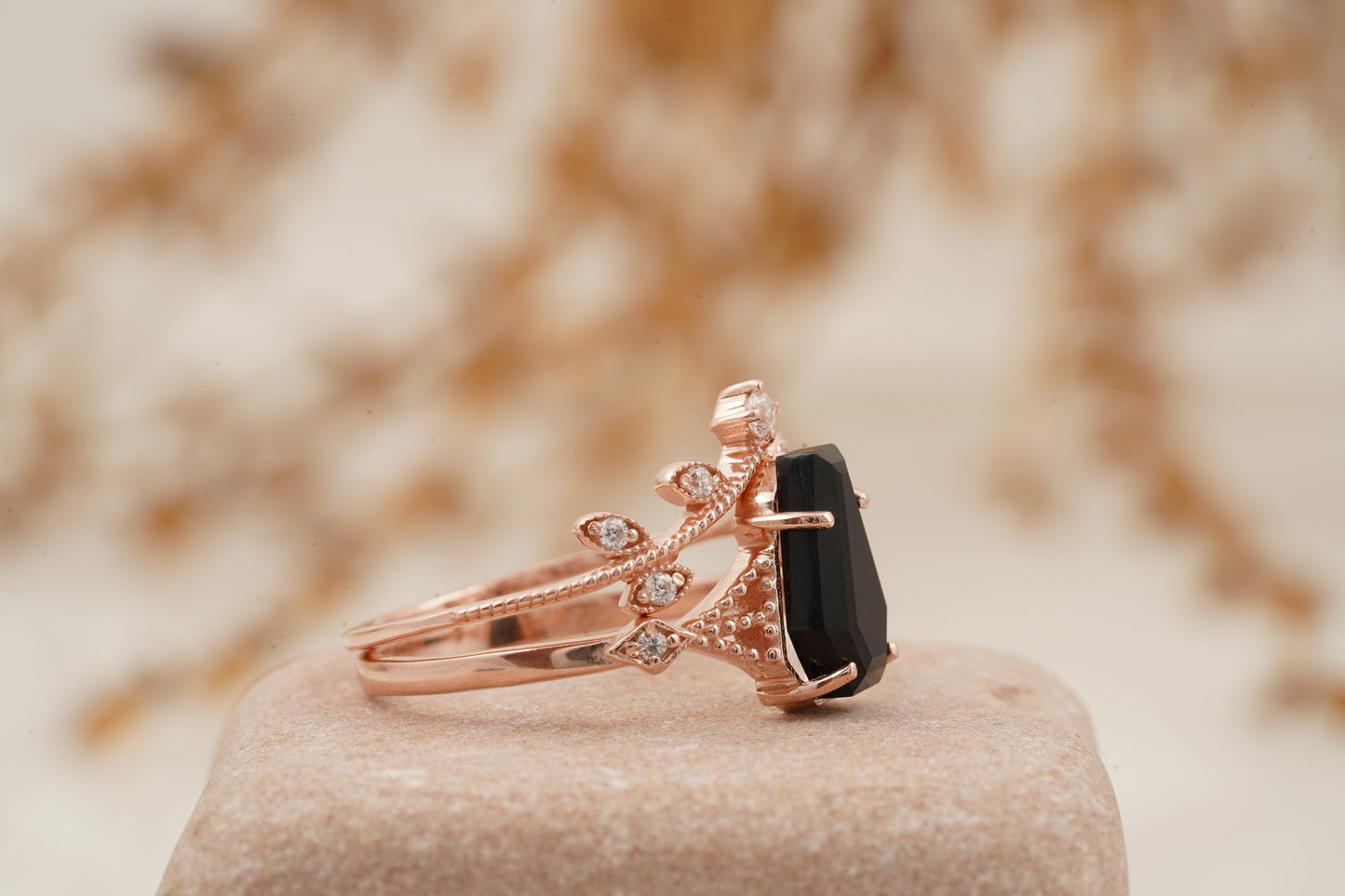 Coffin Shape Black Onyx Engagement Ring Set Curved Stacking Band