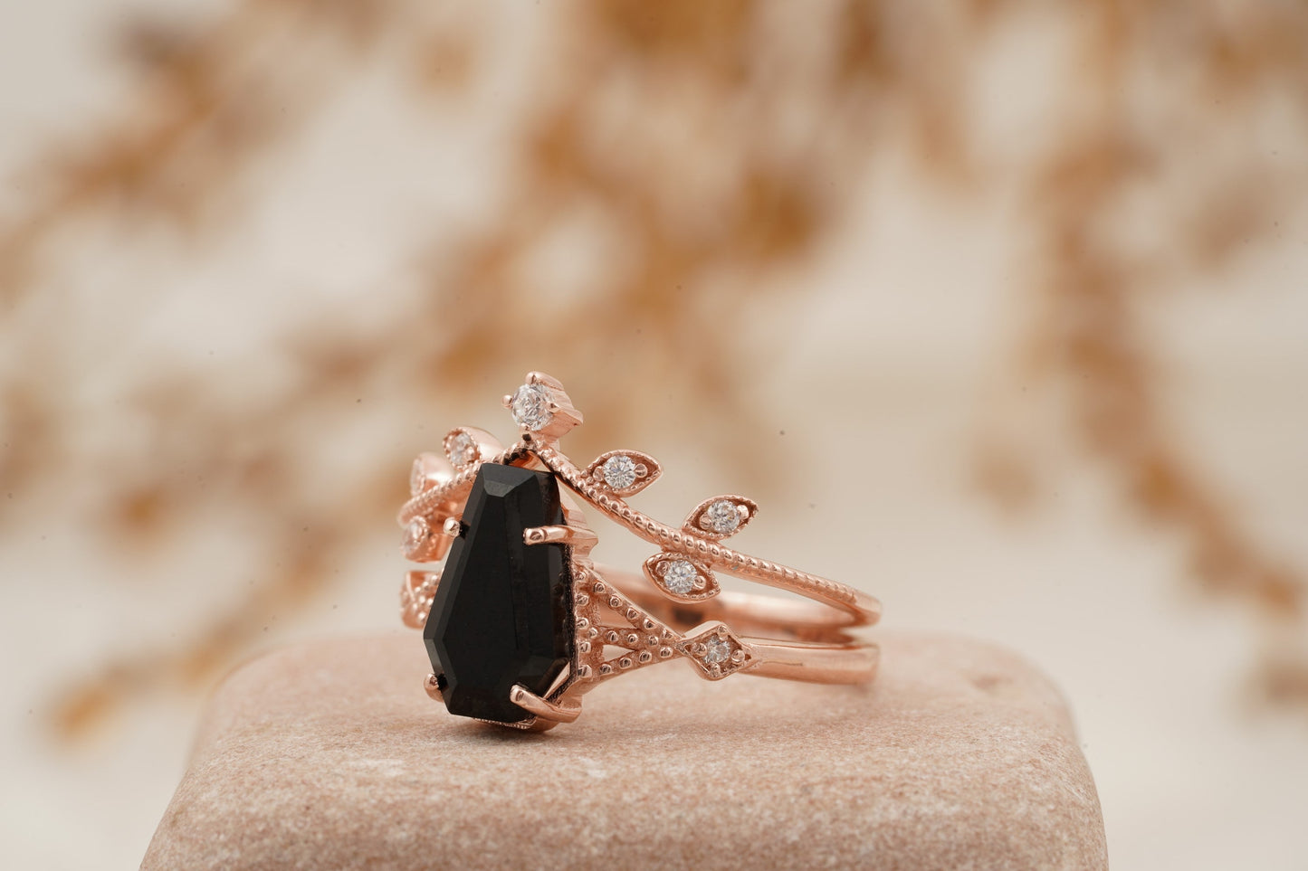 Coffin Shape Black Onyx Engagement Ring Set Curved Stacking Band