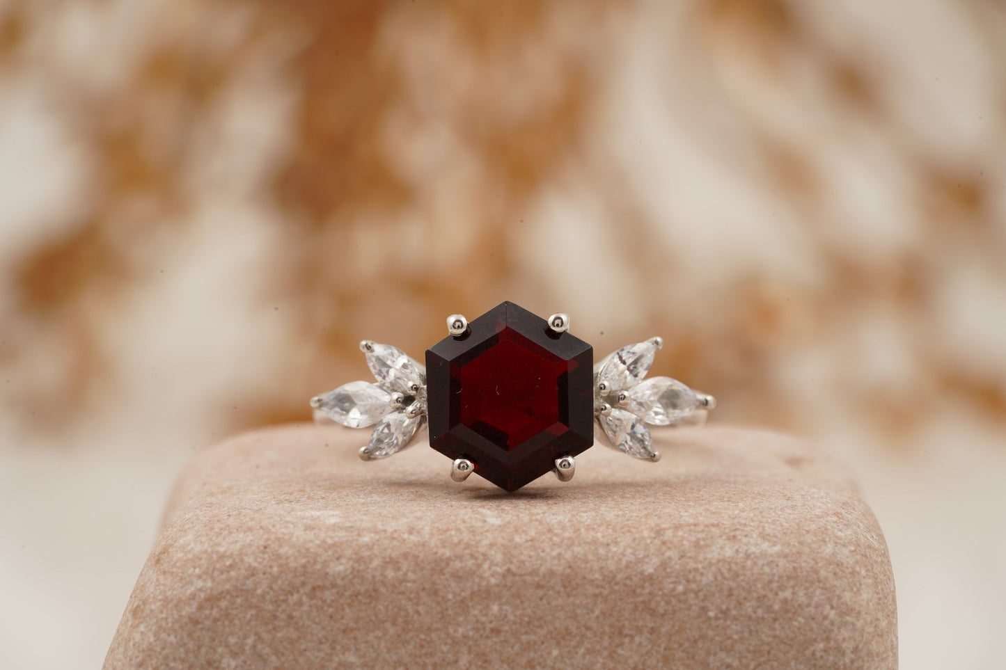 Hexagon & Marquise Red Garnet Cluster Engagement Ring