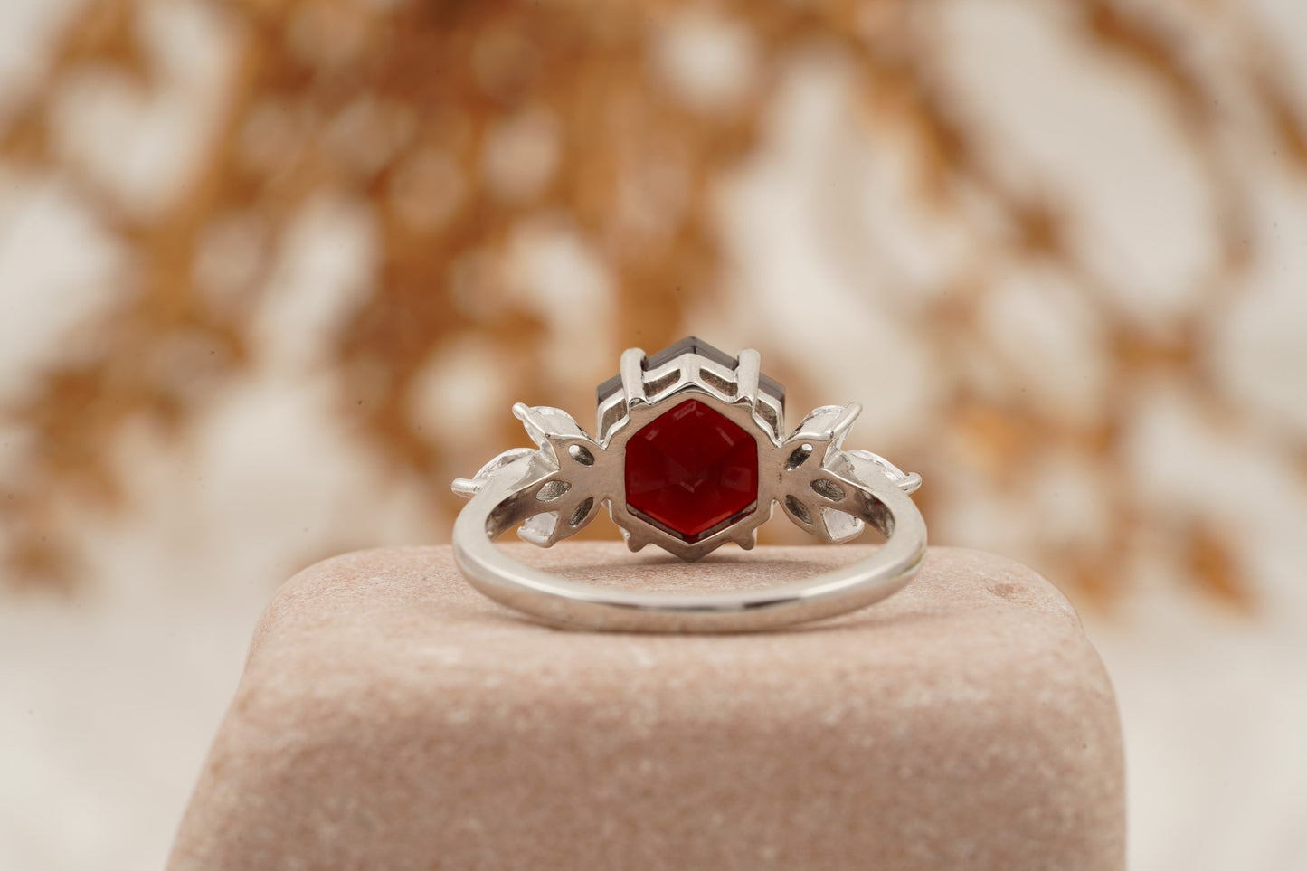 Hexagon Cut Red Garnet Marquise Cut Cluster Engagement Ring
