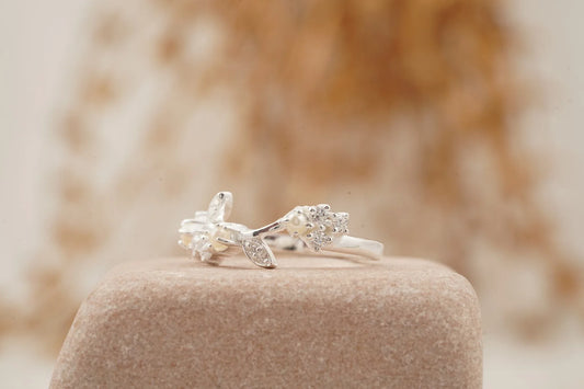 Pearl Leaf Floral Halo Diamond Art Deco Wedding Band - Gigiscc