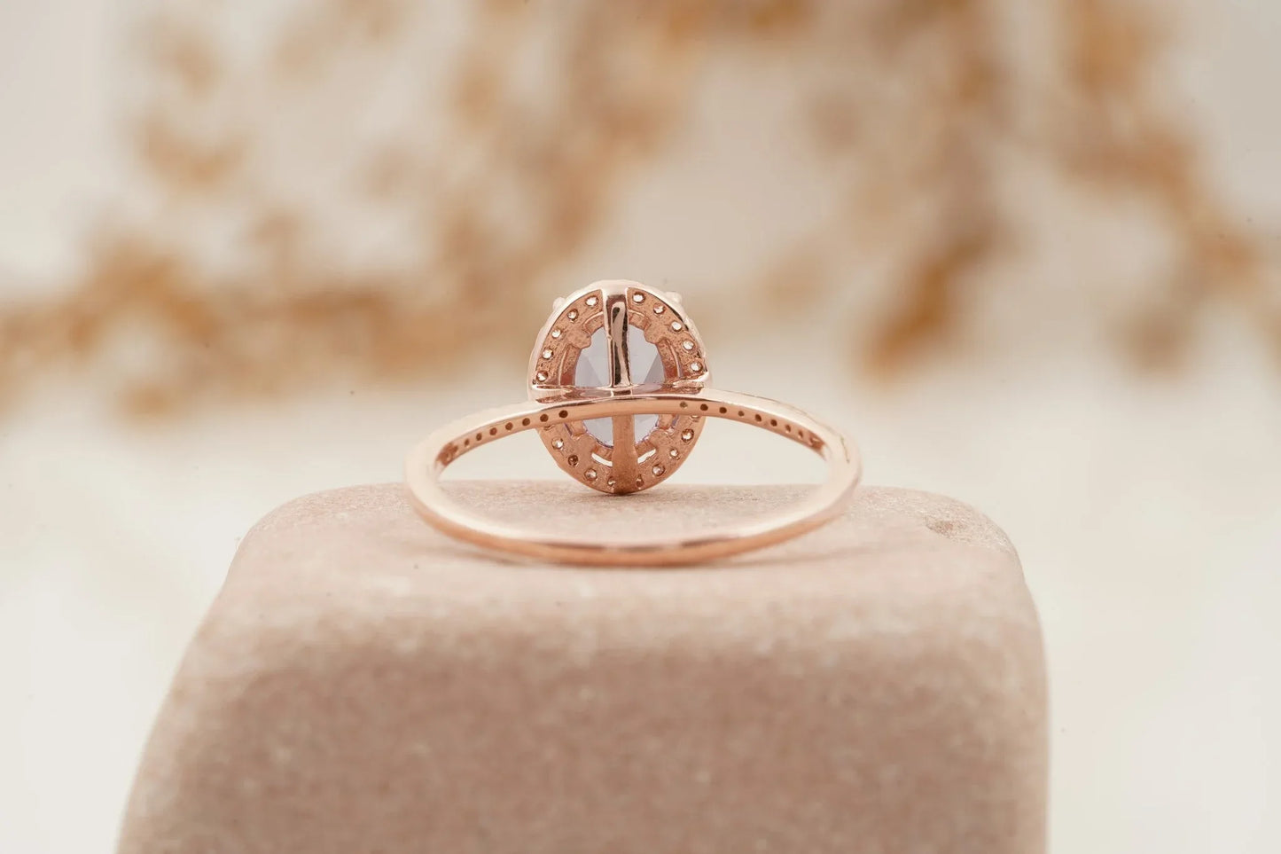 Oval Alexandrite Color-Change Stone 14K Rose Gold Halo Diamond Engagement Ring - Gigiscc